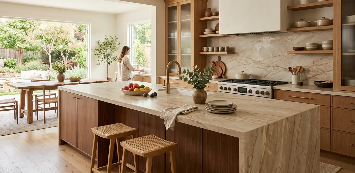Conceptual rendering of beige quartzite in kitchen countertop