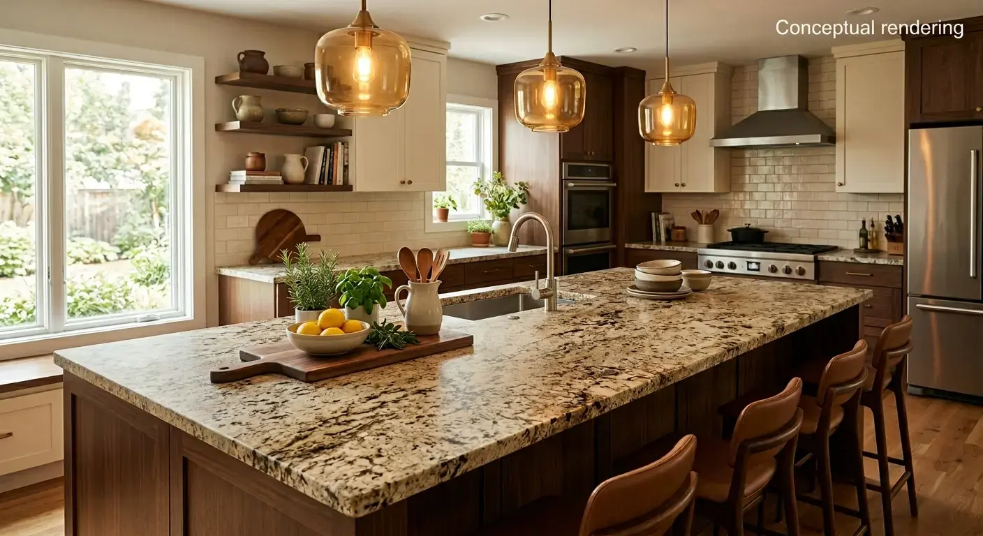 Conceptual rendering of brown granite in kitchen island