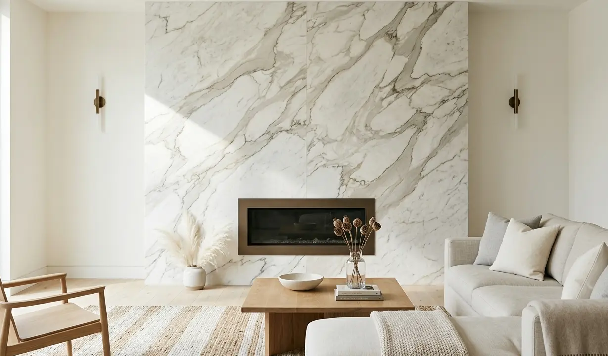 Conceptual rendering of a living room with a bookmatched marble accent wall and linear fireplace
