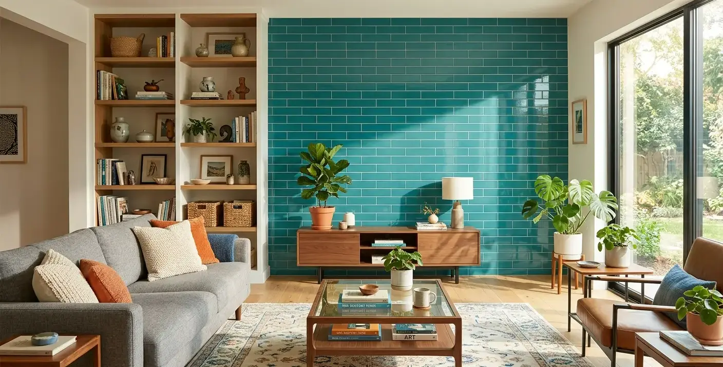 Conceptual rendering of a living room with a glossy teal porcelain tile accent wall