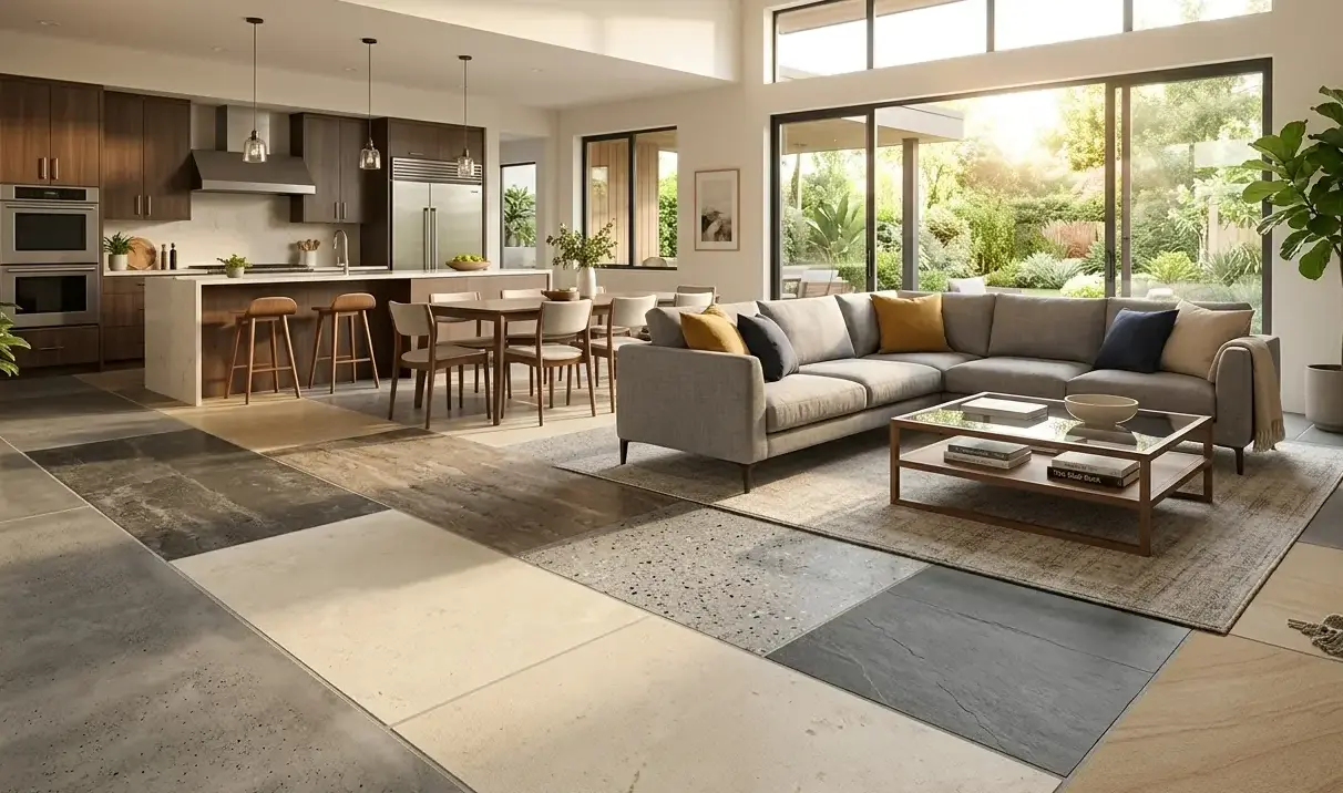 Conceptual rendering of slab flooring options in an open-concept living room