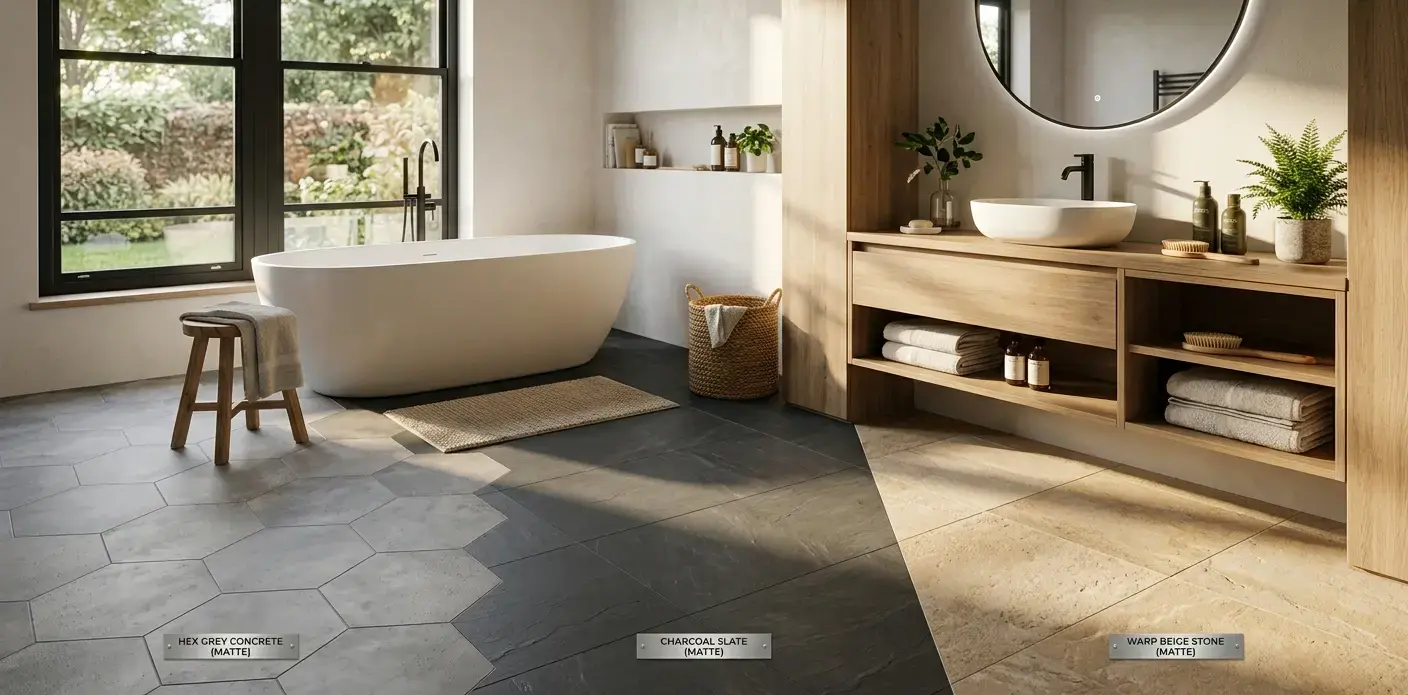 Conceptual rendering of matte-finish flooring options in a bathroom setting