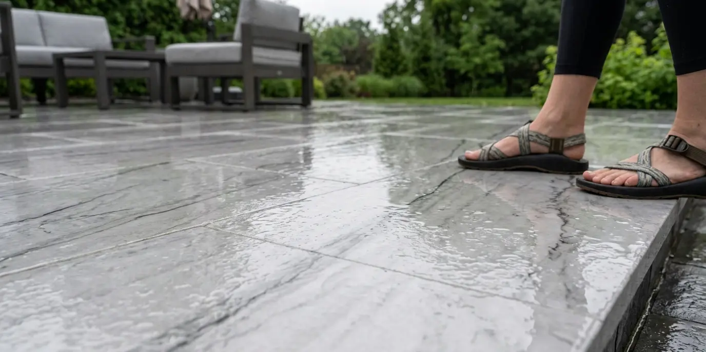 Conceptual rendering of honed Zermatt quartzite flooring outdoors at Crystal Bay in wet conditions