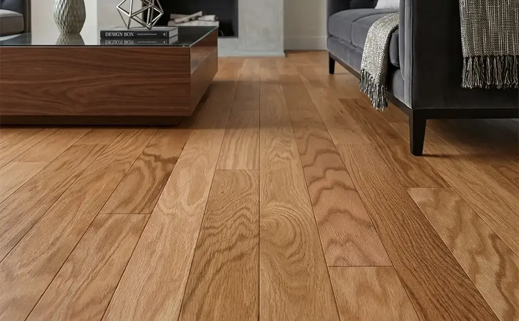 Conceptual rendering of Engineered hardwood flooring with a warm, natural oak grain in a high-end luxury modern living room in Kings Beach, CA