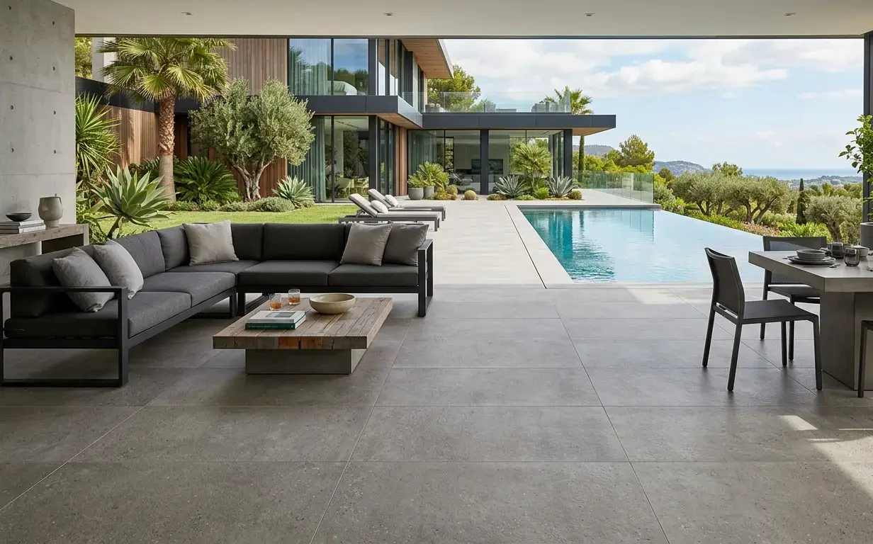 Conceptual rendering of modern patio featuring perfectly installed concrete look porcelain tile flooring next to a pristine infinity pool at Kings Beach