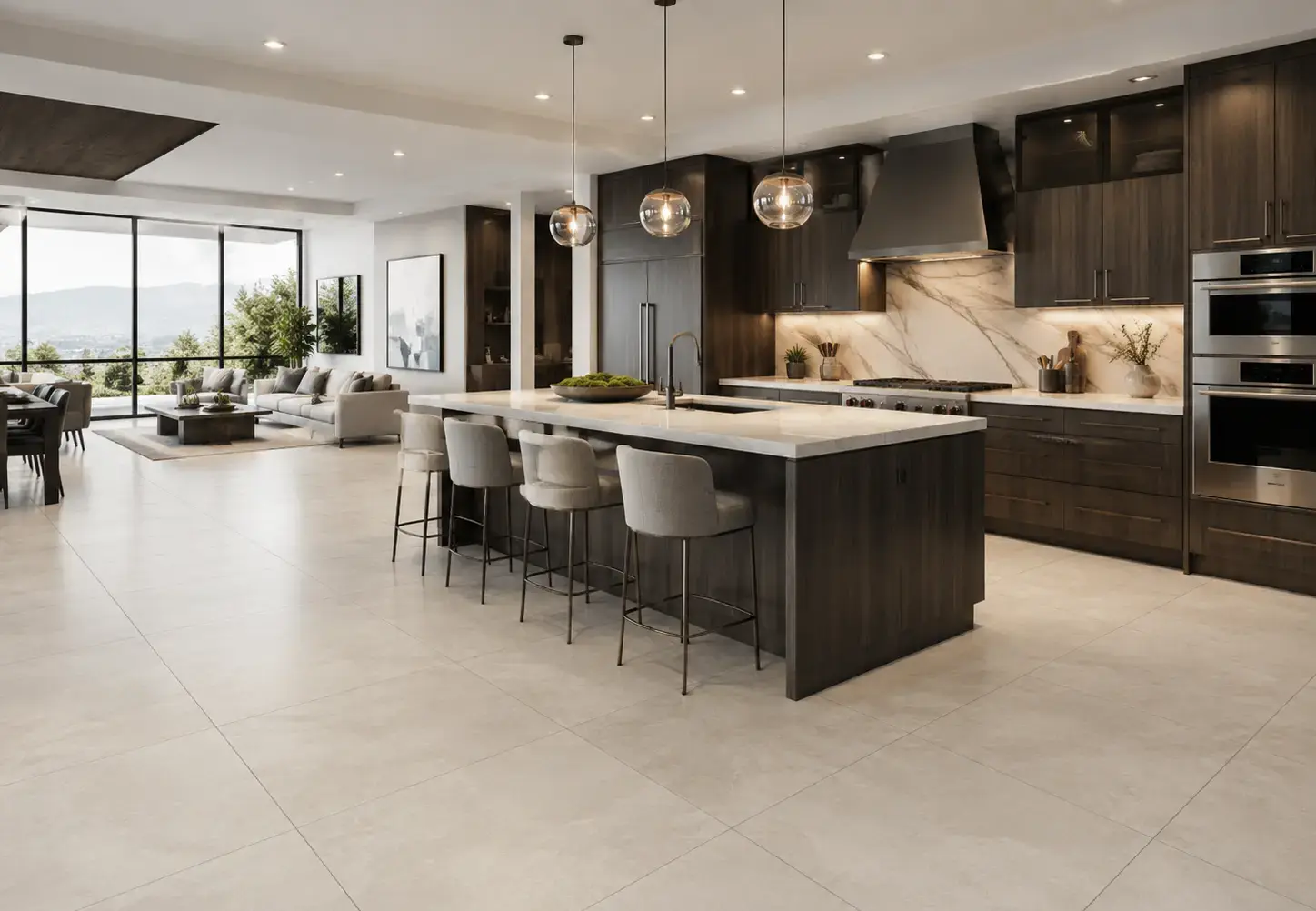Conceptual rendering of modern luxury kitchen featuring porcelain tile flooring at Kings Beach, CA