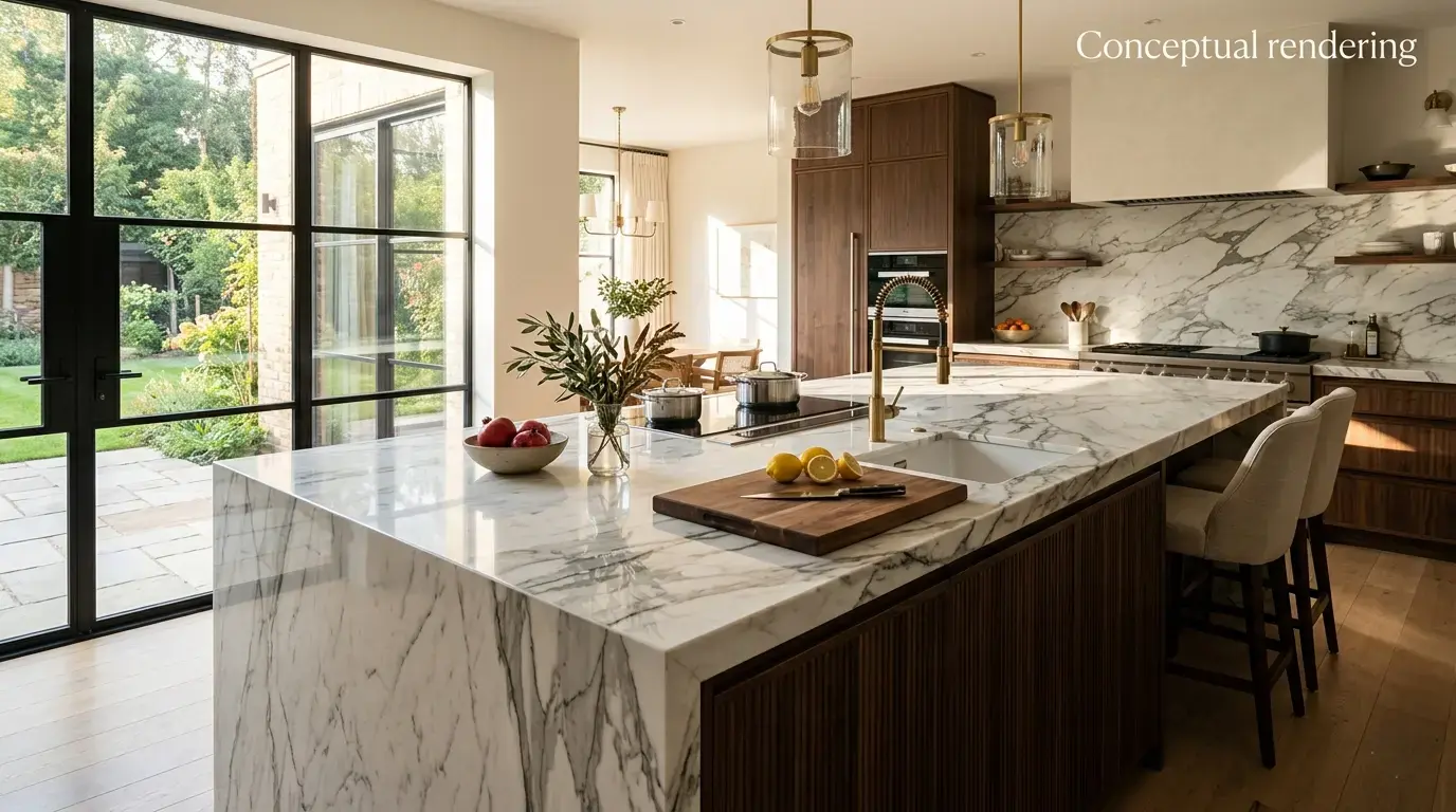 Conceptual rendering of polished marble in kitchen countertop