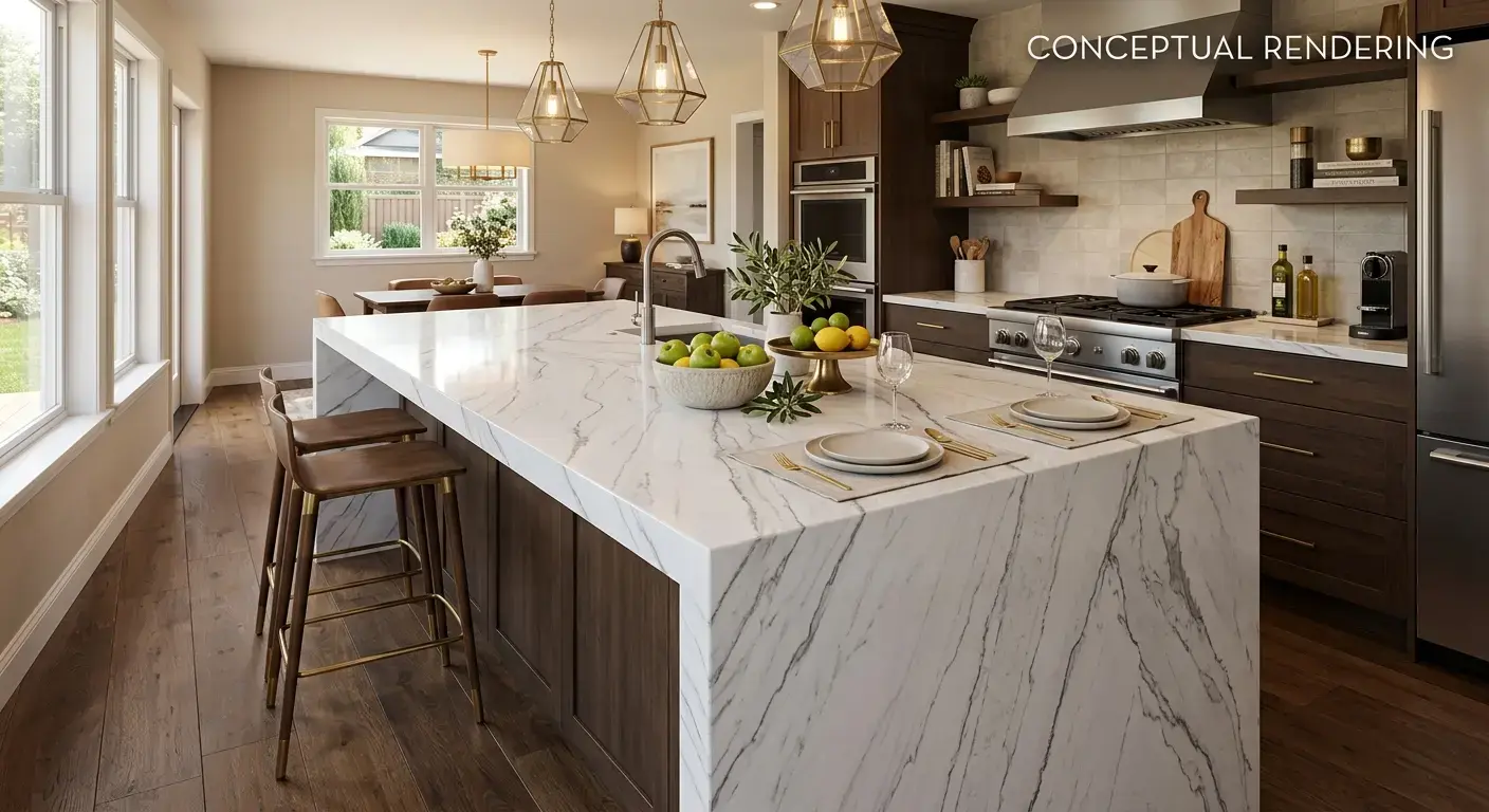 Conceptual rendering of quartzite slab in kitchen island