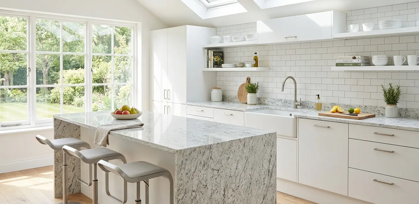 Conceptual rendering of white granite in kitchen countertop