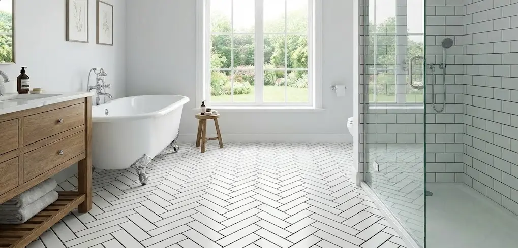 Conceptual rendering of white herringbone tile bathroom floor with clawfoot tub and glass shower