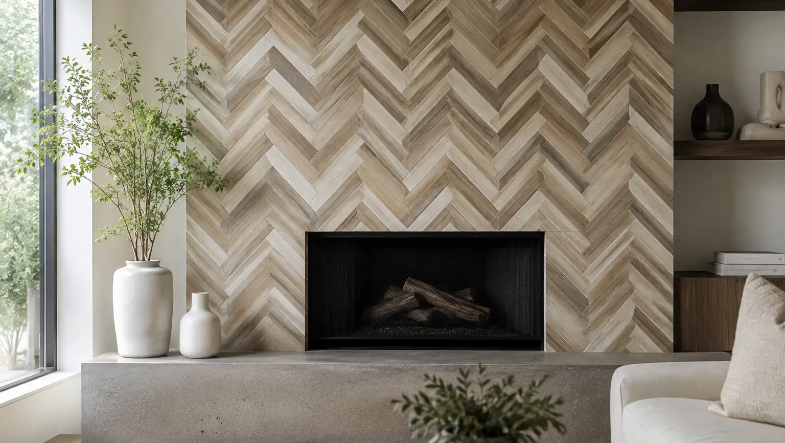 Conceptual rendering of a Chevron pattern tile accent wall behind a living room fireplace