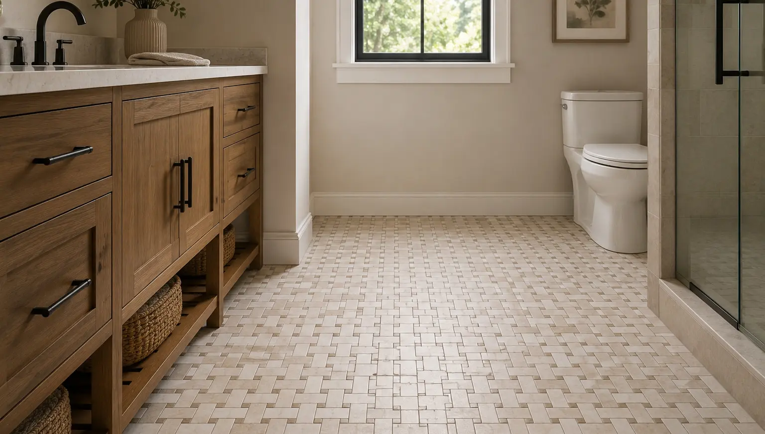 Conceptual rendering of a Basketweave mosaic tile flooring in a small bathroom