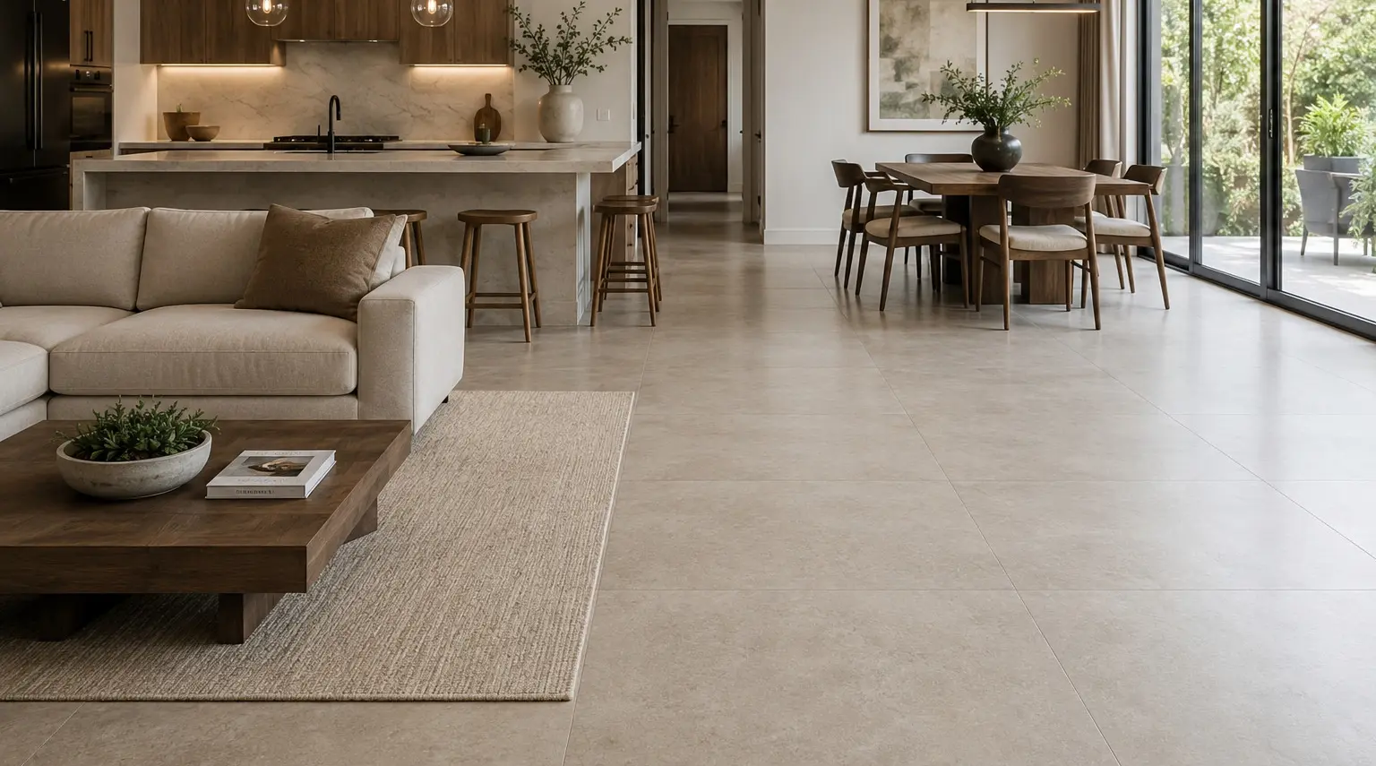 Conceptual rendering of a Large-format porcelain floor tile in a stack bond layout in an open living space