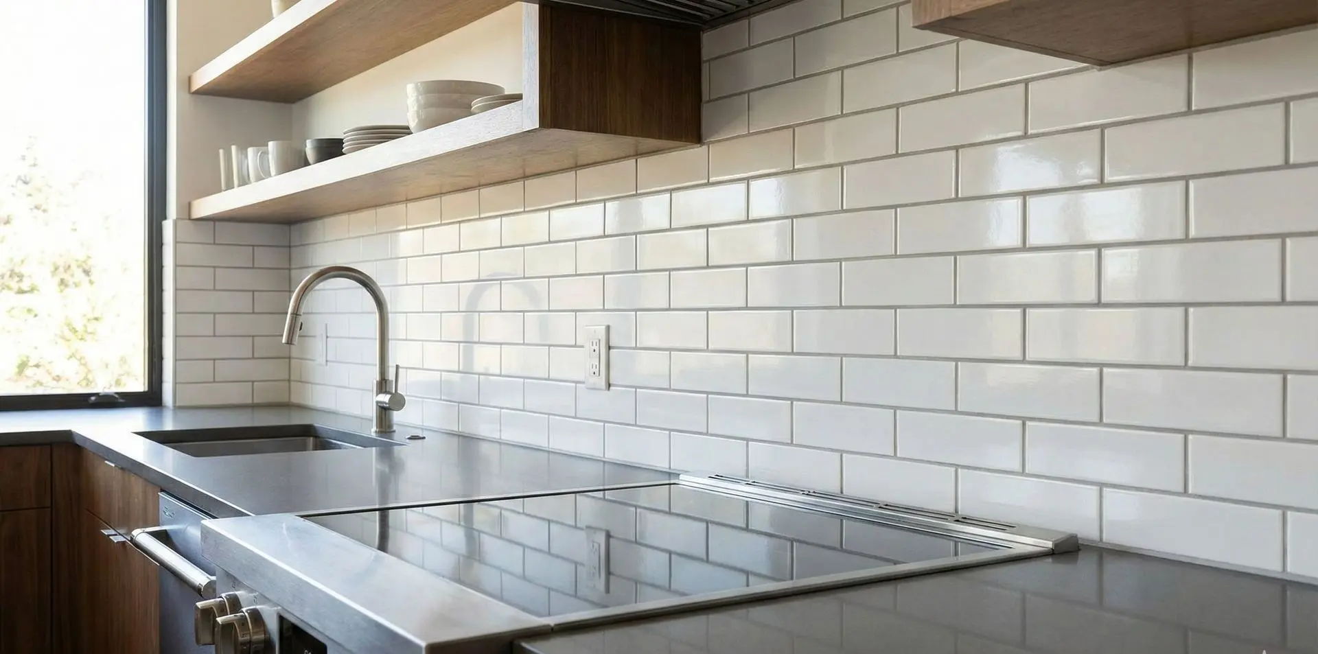 Conceptual rendering of white subway tile backsplash in running bond pattern