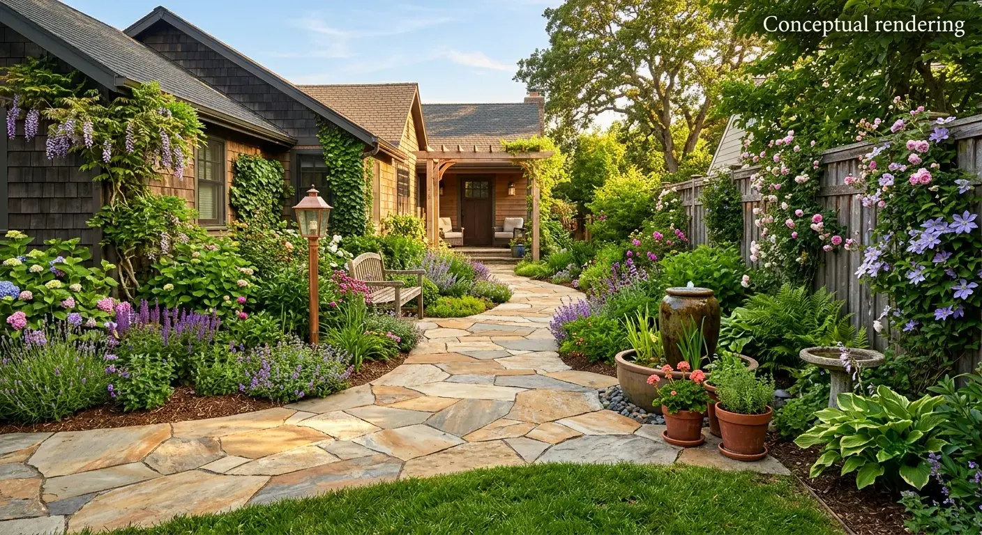 Conceptual rendering of a quartzite stone walkway idea leading through a side garden