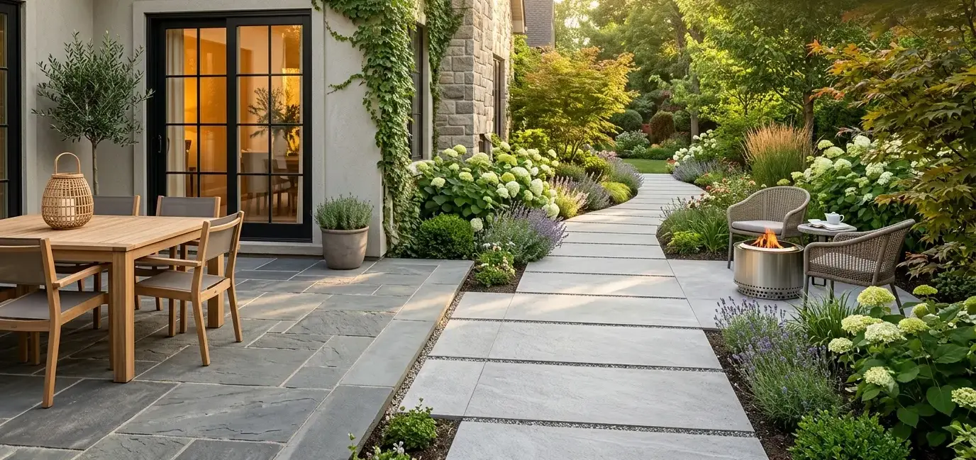 Conceptual rendering of a porcelain slab stone walkway idea near a patio entrance