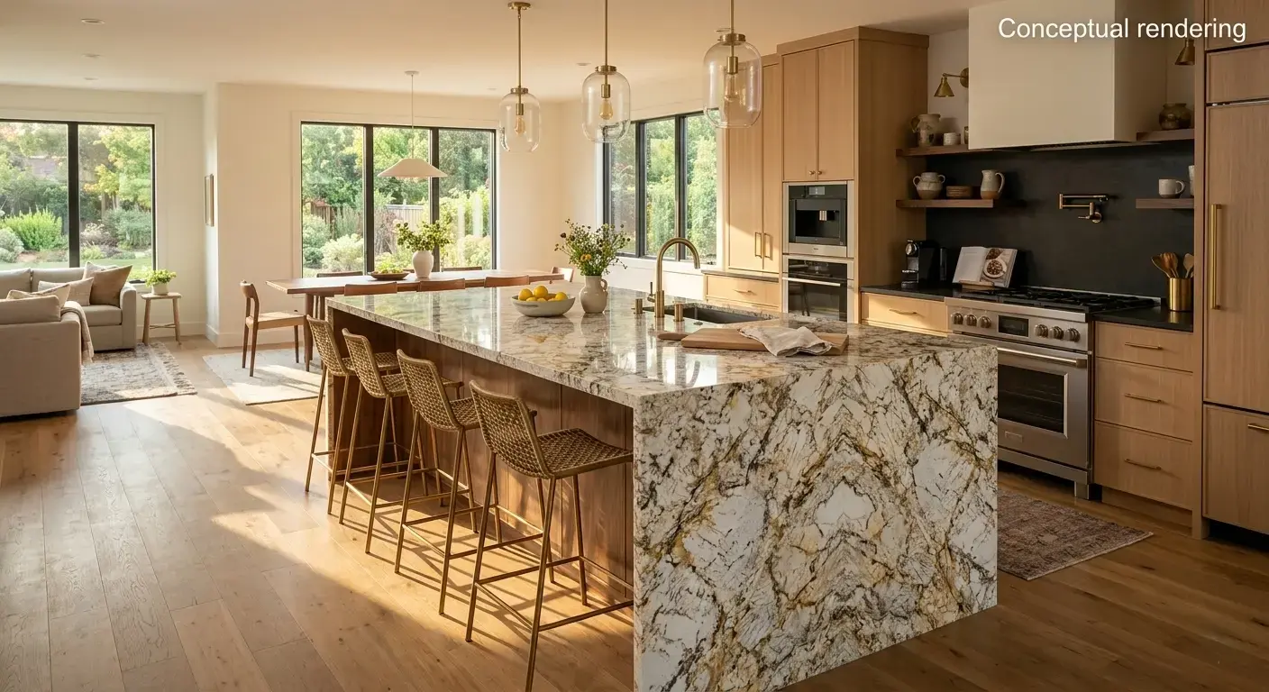 Conceptual rendering of granite slab in kitchen island