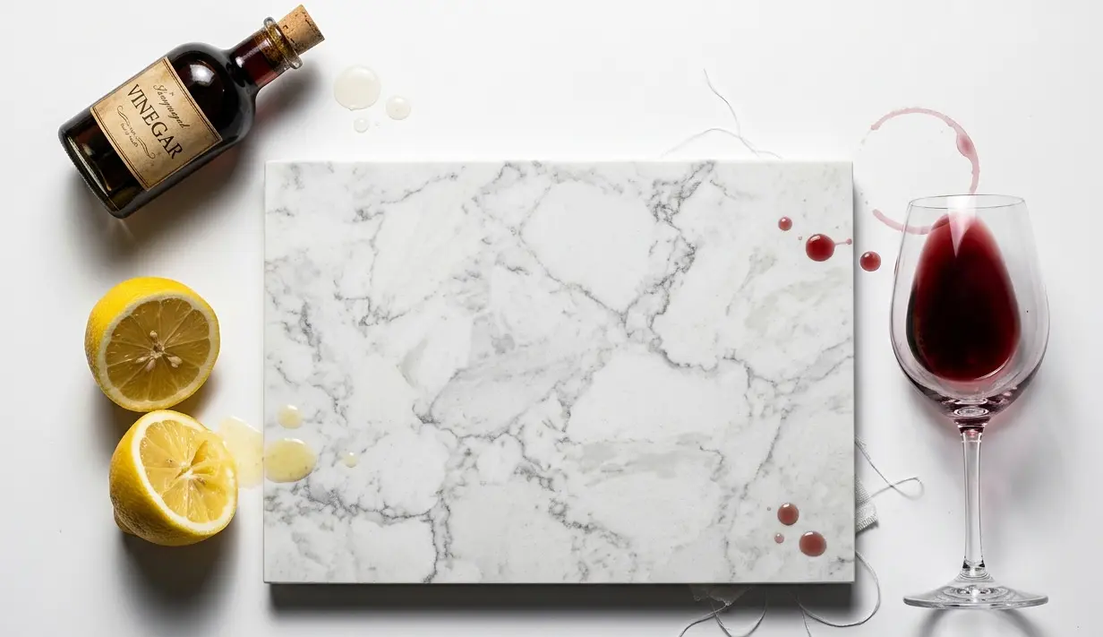 Conceptual rendering of marble natural stone countertop slab displayed beside lemon halves and red wine