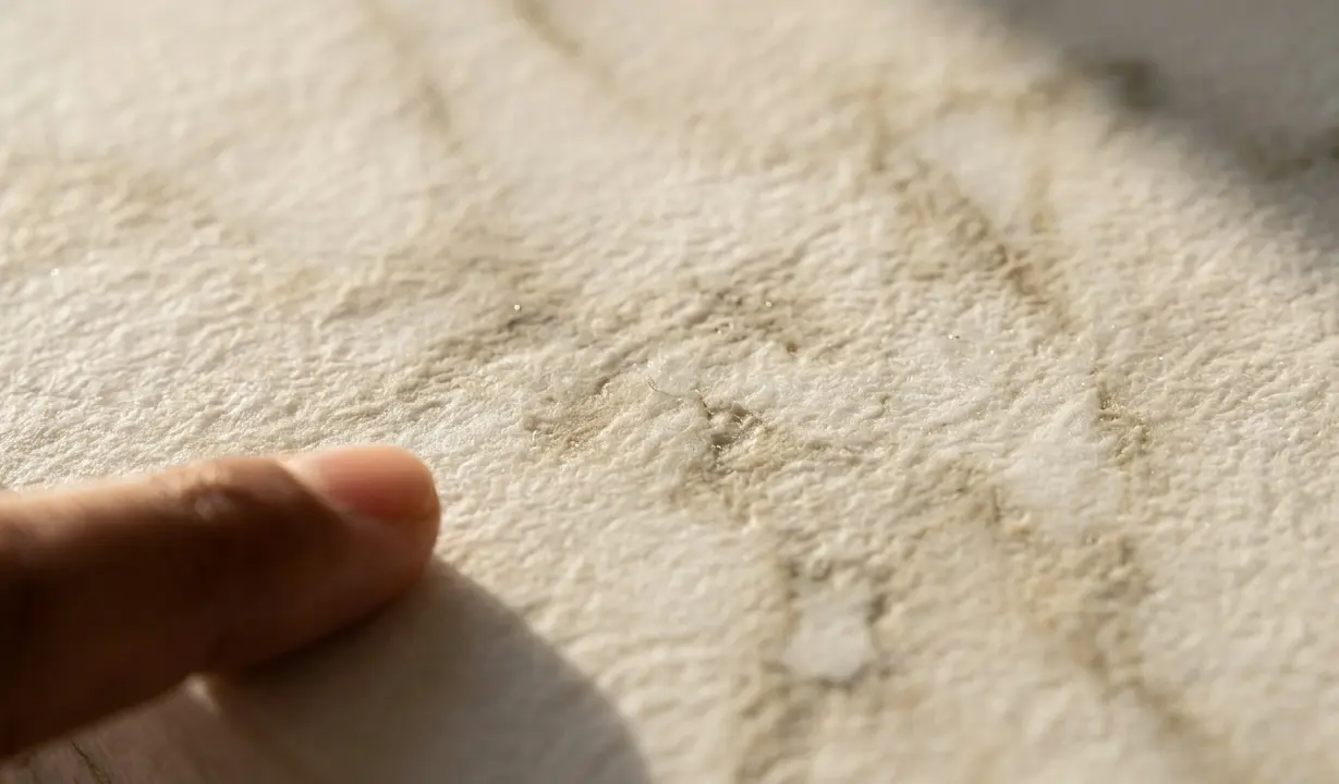 Conceptual rendering of leathered marble countertop close-up showing suede texture with soft white and gray veining