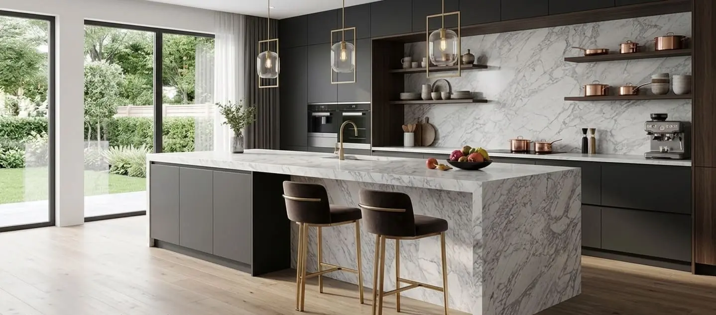 Conceptual rendering of modern kitchen with a seamless Carrara marble countertop on a waterfall island at Truckee home