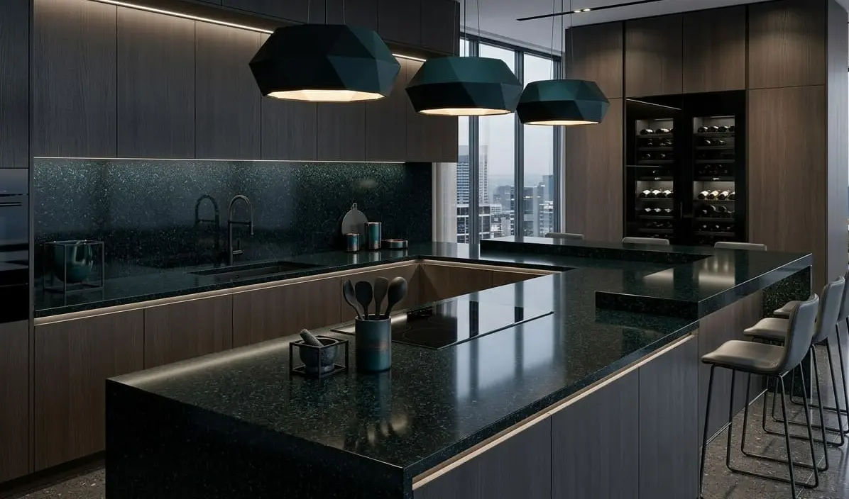 Conceptual rendering of a modern kitchen with dark speckled countertops, faceted geometric pendant lights, wood cabinetry, built-in wine fridge, and city skyline view.