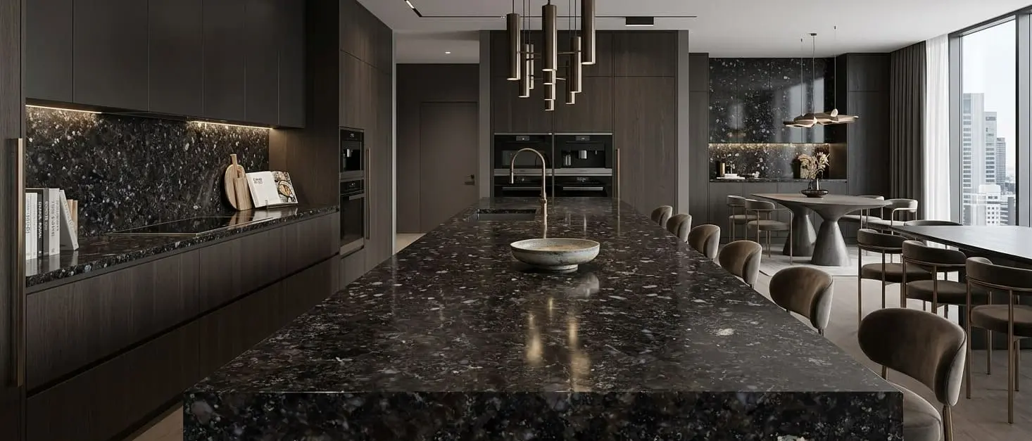 Conceptual rendering of a luxury dark kitchen with granite waterfall island, dark wood cabinetry, brass pendant lighting, and city-view dining area.