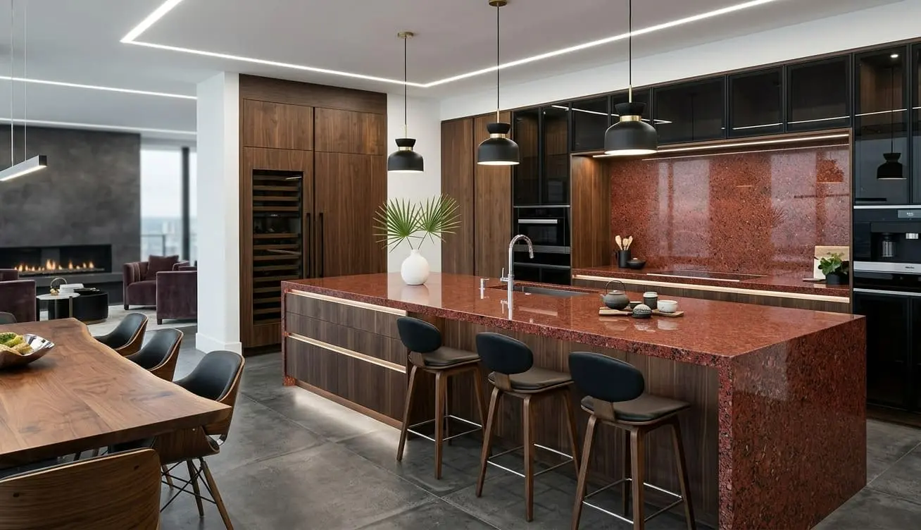 Conceptual rendering of polished red granite kitchen island and backsplash