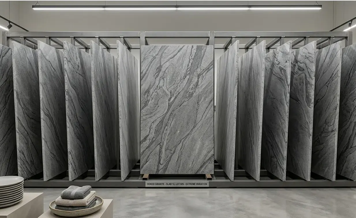 Conceptual rendering of honed granite slabs displayed in a stone showroom