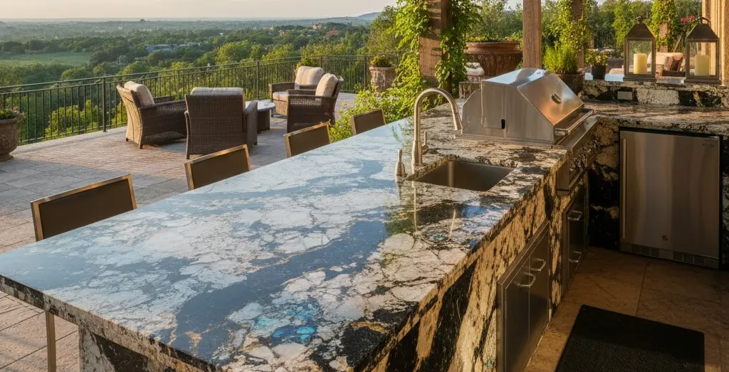 Conceptual rendering of polished granite outdoor kitchen countertop