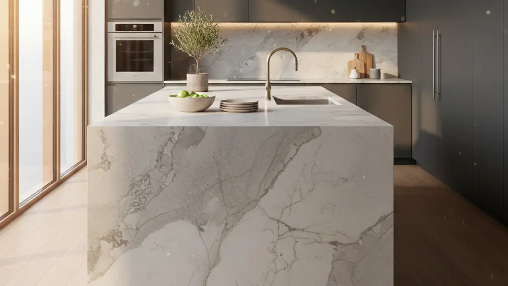 Quartzite kitchen island in a dark modern kitchen