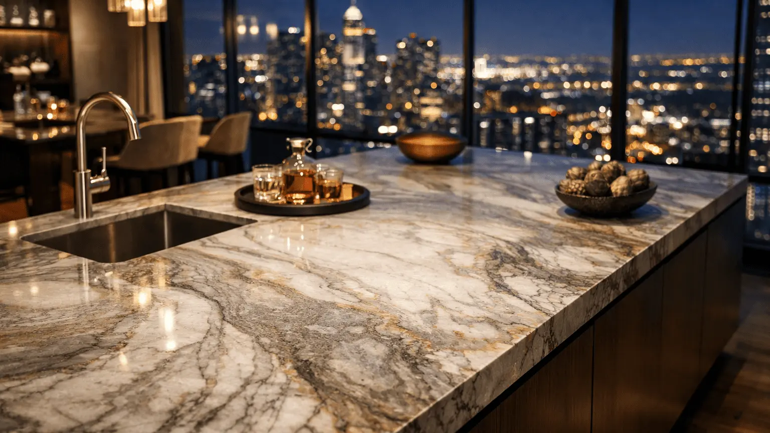 Modern kitchen at night with a quartzite island
