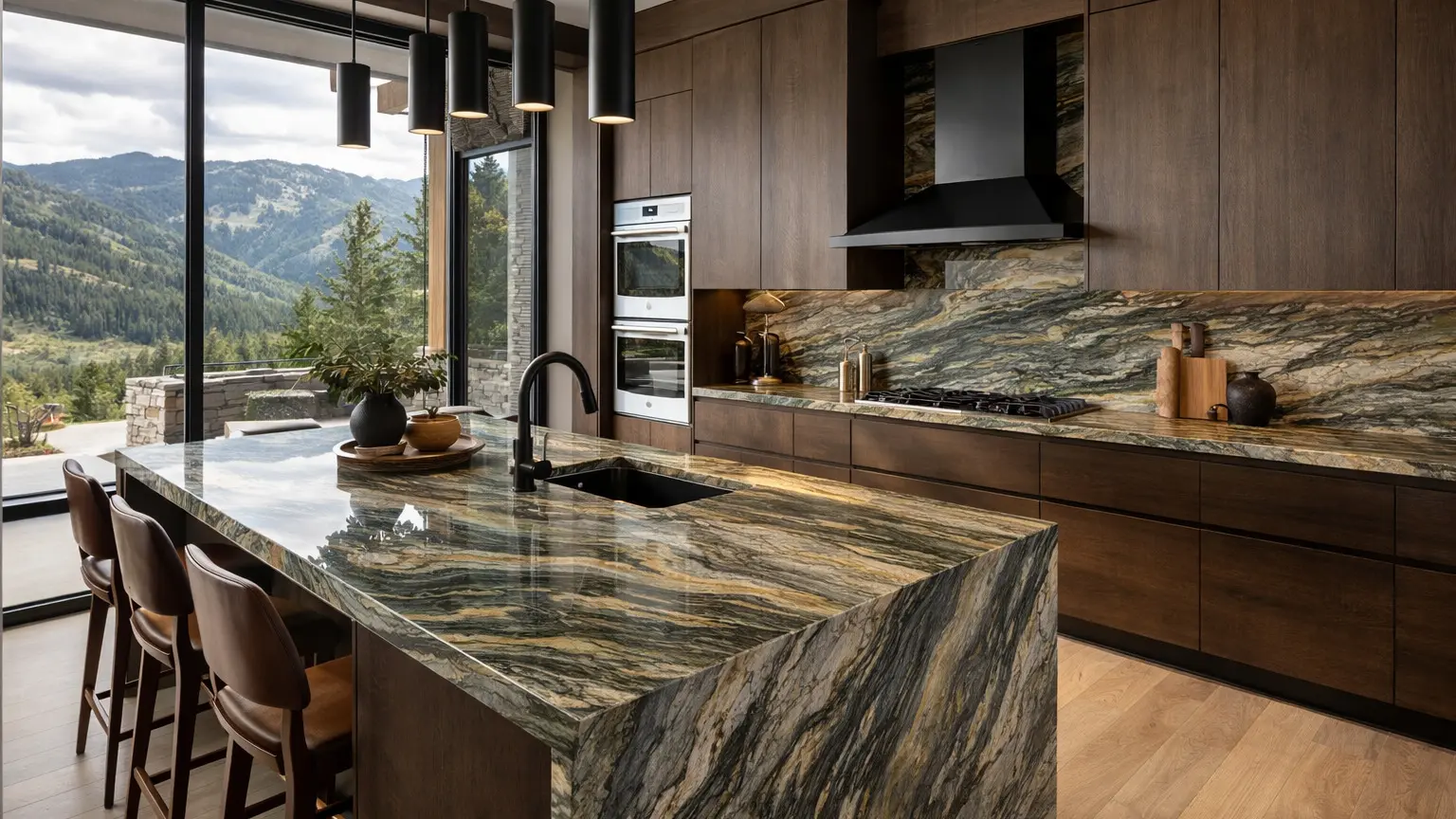 Dark wood kitchen with quartzite countertops and mountain views