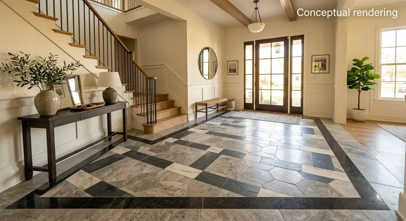 Conceptual rendering of a tile and stone mix flooring entryway with a granite border accent