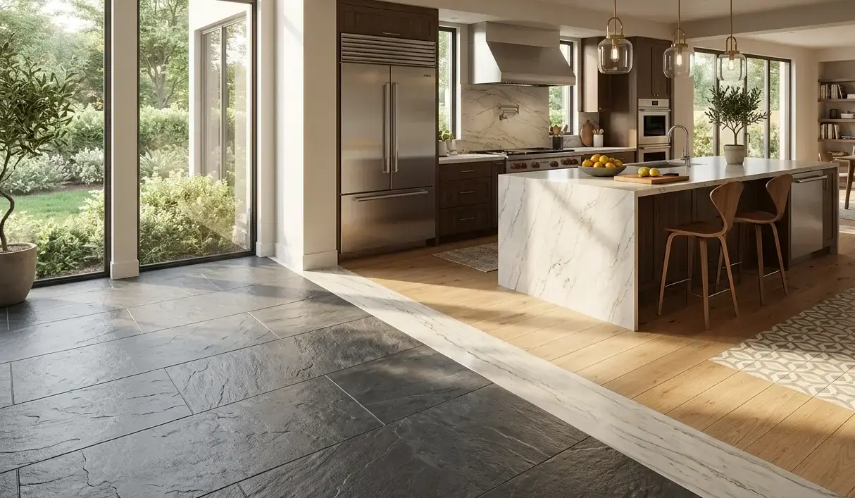 Conceptual rendering of a tile and stone mix flooring kitchen transition with a quartzite strip