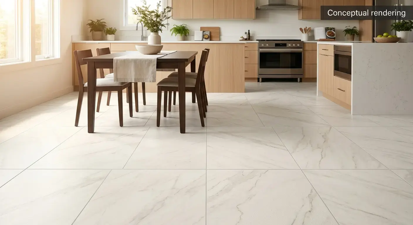 Conceptual rendering of large format porcelain tile in kitchen