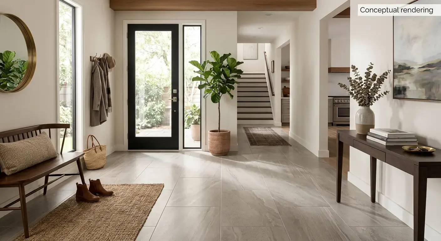 Conceptual rendering of porcelain tile in entry way floor