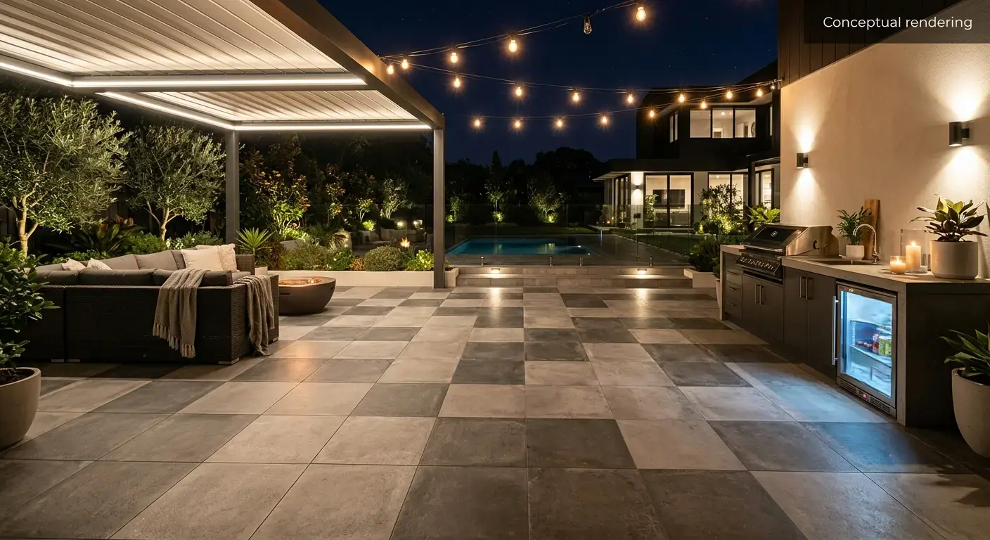 Conceptual rendering of porcelain tile in outdoor flooring pool deck