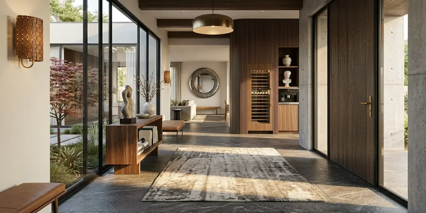Conceptual rendering of a modern entryway design with leathered granite flooring