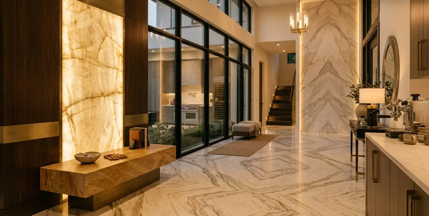 Conceptual rendering of a quartzite entryway design bench with backlit onyx accent