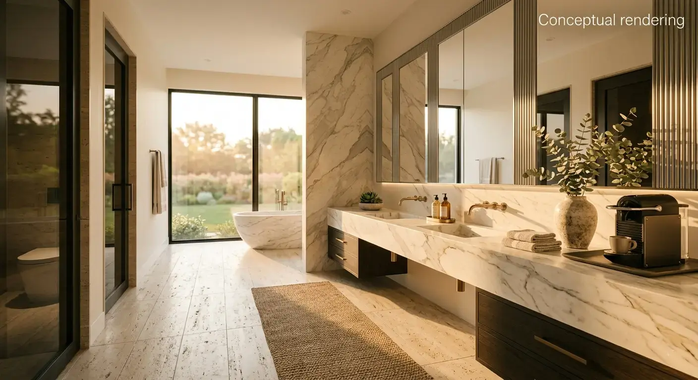 Conceptual rendering of an interior design bathroom with a marble slab vanity and textured tile flooring