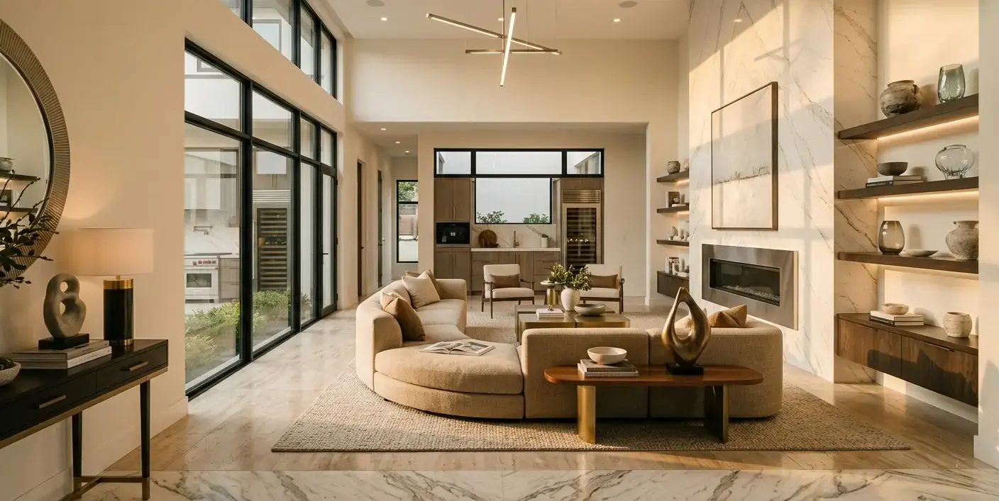 Conceptual rendering of an interior design living room with a porcelain tile floor and travertine accent wall.