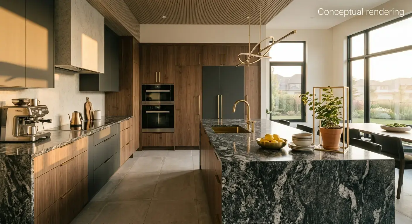 Conceptual rendering of an interior design kitchen with a granite slab countertop and porcelain tile floor