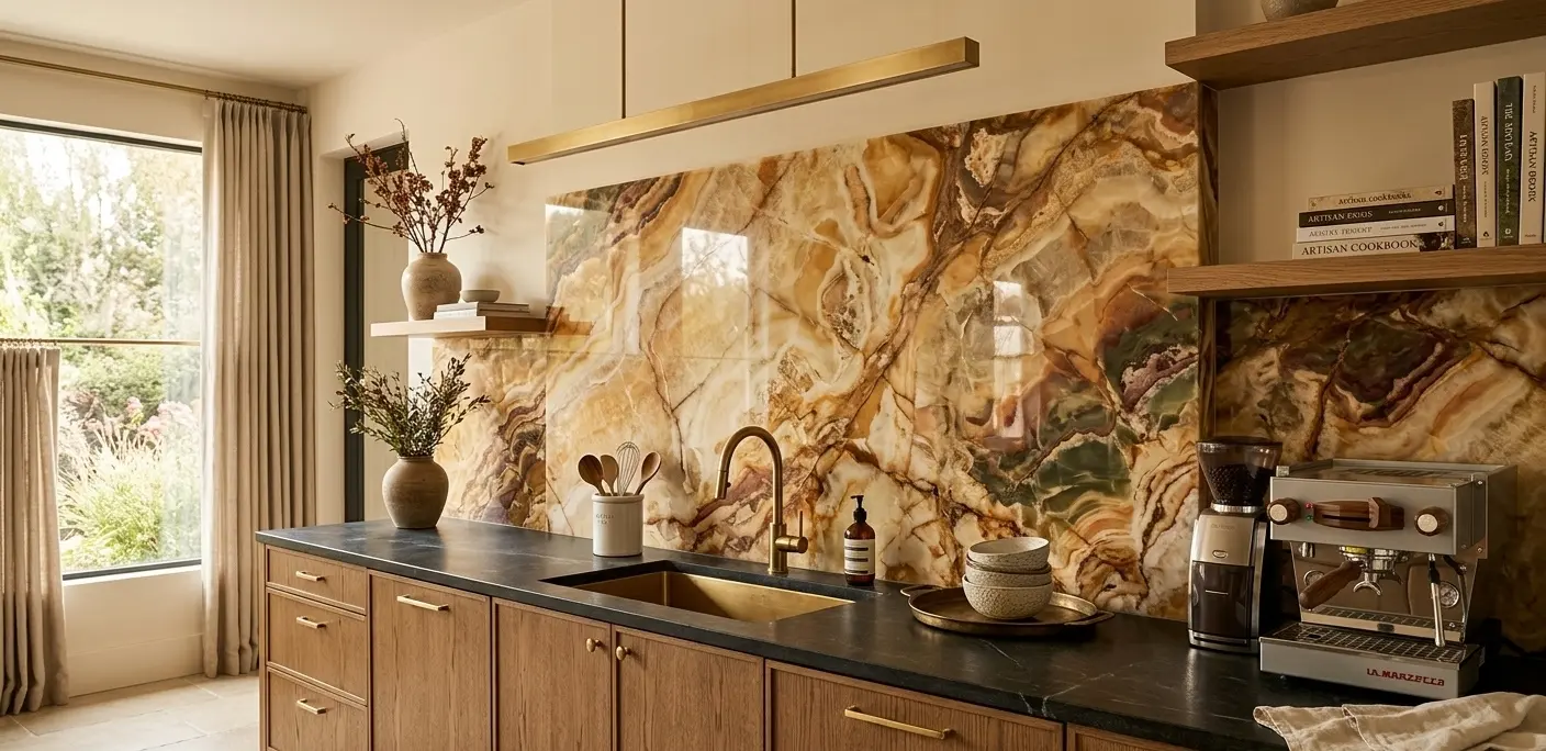 Conceptual rendering of multi color onyx in kitchen backsplash