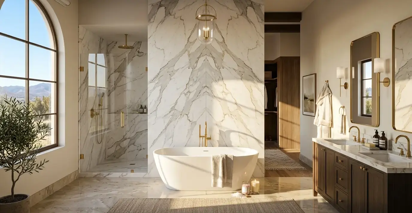 Conceptual rendering of a bookmatched marble bathroom wall in Stagecoach Luxury Homes