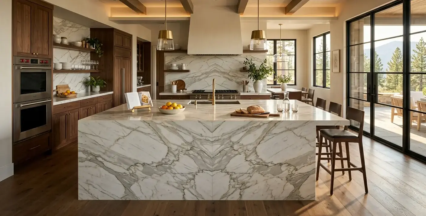 Conceptual rendering of a bookmatched quartzite kitchen island in Stagecoach Luxury Homes.