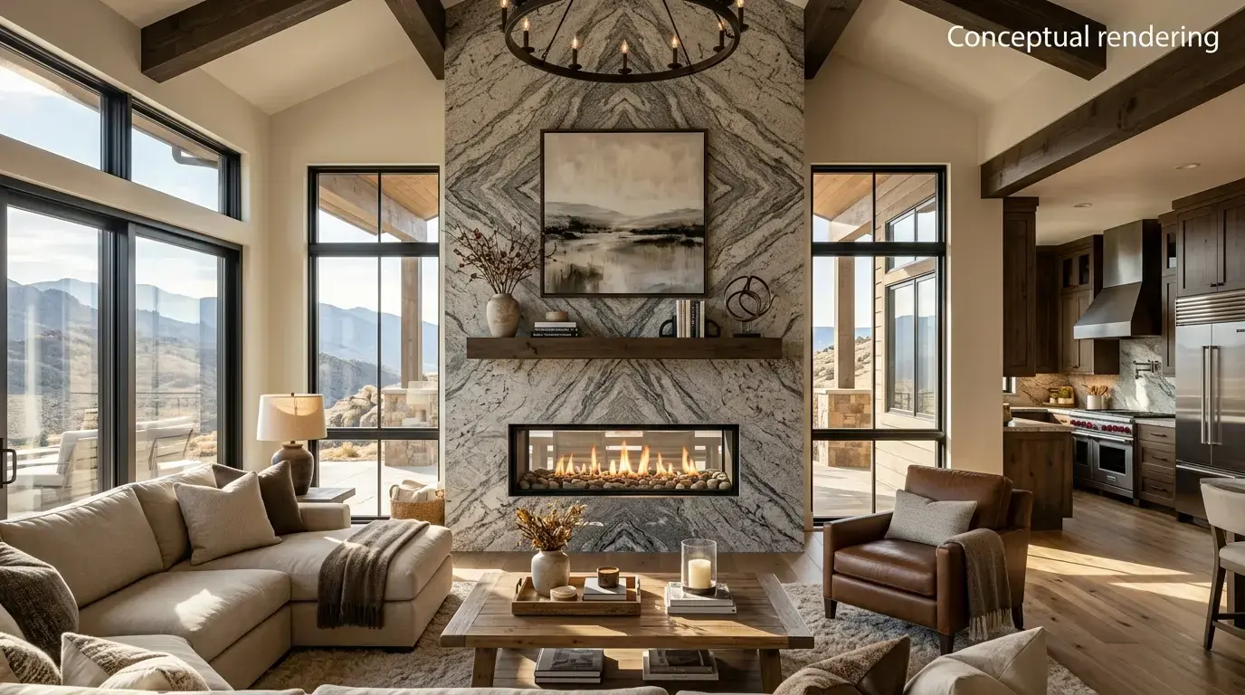 Conceptual rendering of a bookmatched granite fireplace wall in Stagecoach Luxury Homes