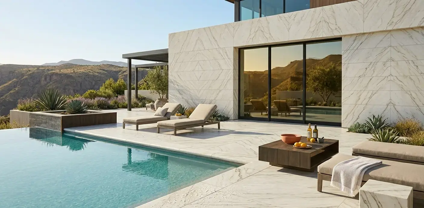 Conceptual rendering of a modern marble house with infinity-edge pool, lounge chairs, and pergola overlooking a desert mountain landscape