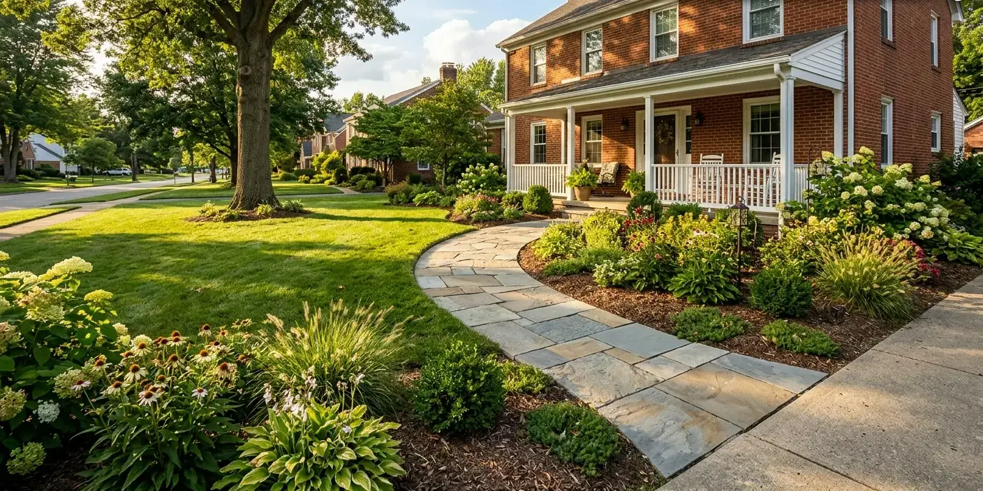 Conceptual rendering of a two-story brick colonial home featuring a white front porch, curved stone walkway, and lush perennial garden beds