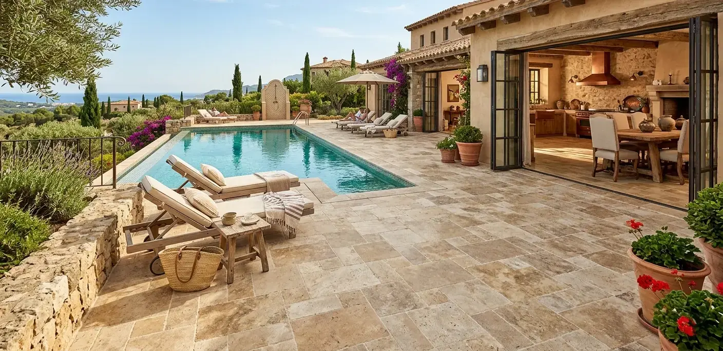 Conceptual rendering of a Mediterranean villa with stone terrace, swimming pool, lounge chairs, and open-air kitchen overlooking the coast