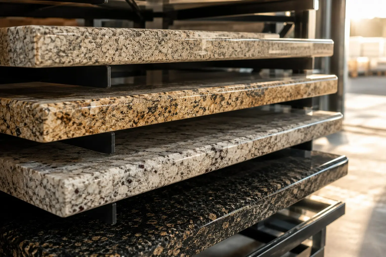 Conceptual rendering of a Stacked prefabricated granite countertop pieces with finished edges